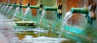 Mehrere Wasserhähne an einer Wand, aus denen Wasser...