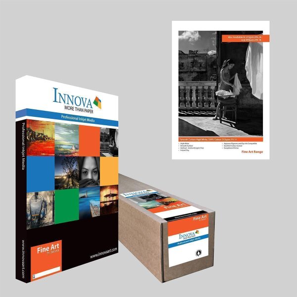 Verpackung und Produktbeschreibung von Innova Fine Art Professional Inkjet Media mit Farbfeldern und Fotografien auf der Vorderseite