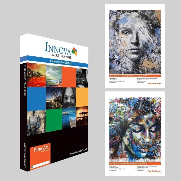 Verpackung von Innova Fine Art Professional Inkjet Media mit bunten Kunstbildern und Text More Than Paper sowie zwei Produktblätter mit Details zu Baumwollpapier aus der Fine Art Range