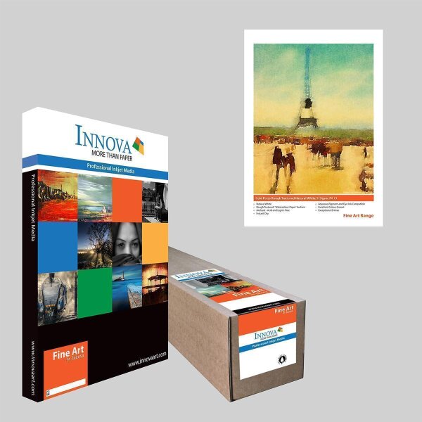 Innova Fine Art Range Professional Inkjet Media Verpackung mit bunten Fotomotiven und ein Kunstdruck mit Eiffelturm-Motiv