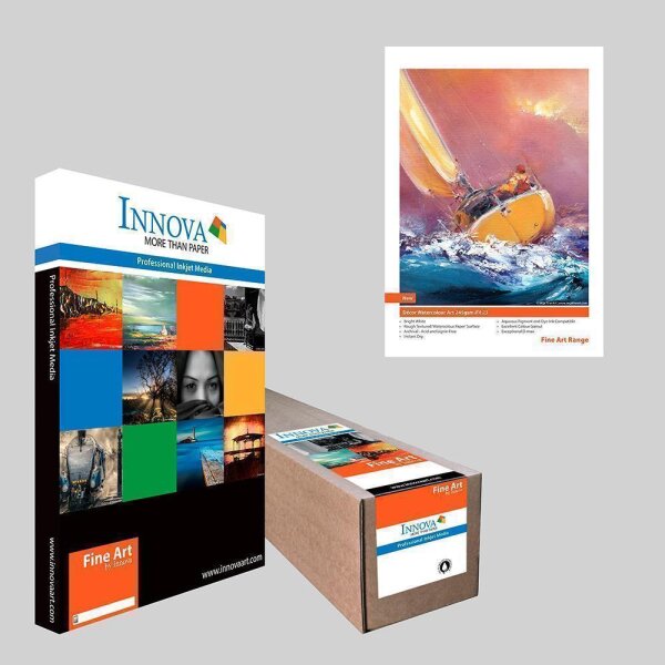 Verpackung und Produktabbildung von Innova Fine Art Professional Inkjet Media mit Segelboot-Motiv und Farbfeldern auf der Verpackung