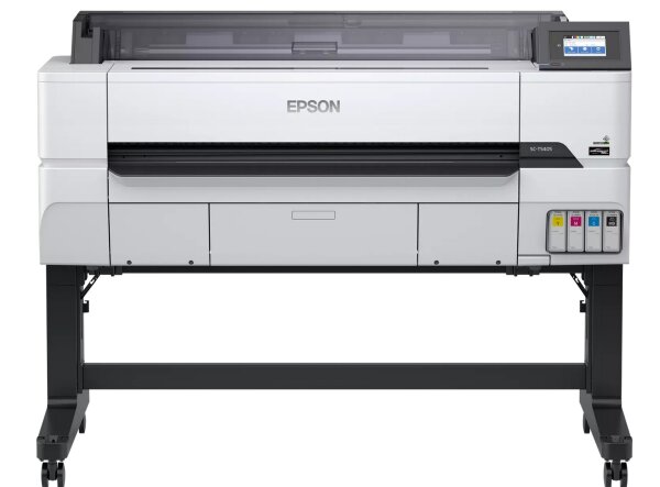 Epson Großformatdrucker mit Bedienfeld und Papierablage auf Rollenständer